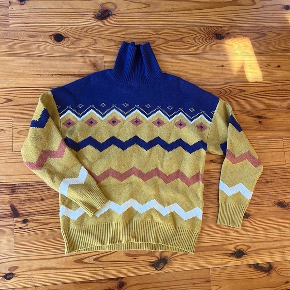 ModCloth Make Mine Cozy Fair Isle Turtleneck Sweater Yellow Blue Size S - Picture 2 of 4
